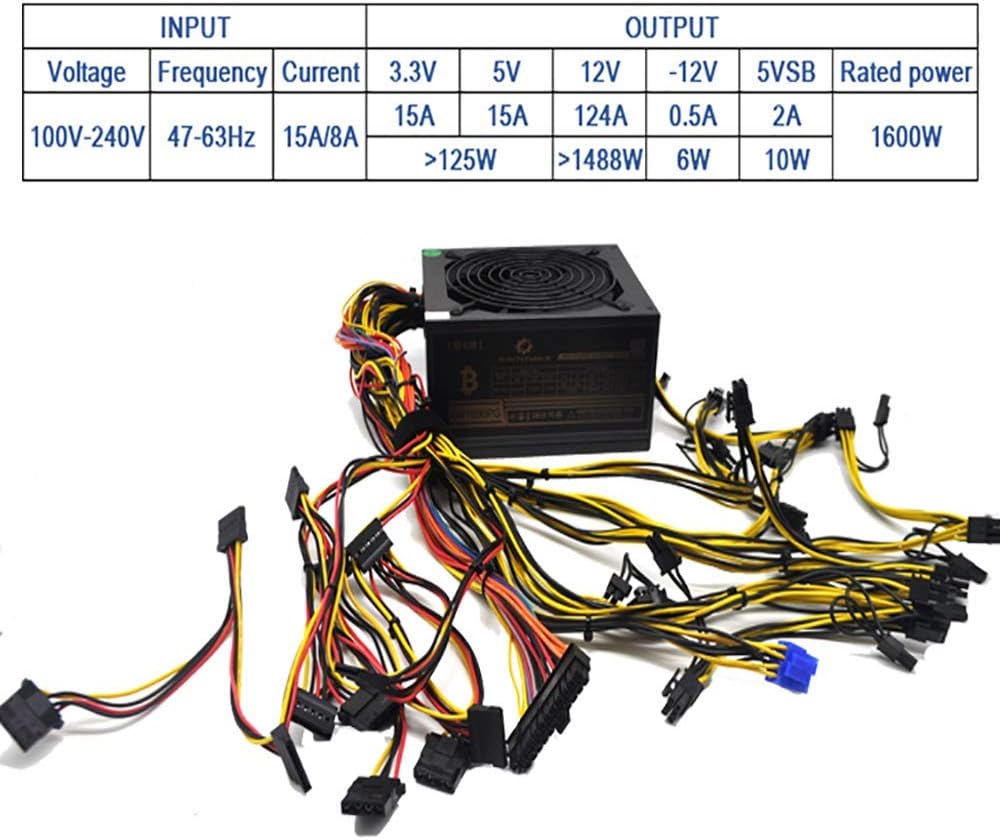 HVVH 20 4 Pin Silent Noise Reduction Miner/PC GPU ATX 1600W Power Supply 87 Plus Gold Designed for US Voltage 110V 1600w Mining ETH PSU Max Support 8 Graphics with 1.5m US Plug Adapter Cable